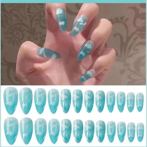24Pcs/Set Blue Sky White Cloud Pattern Design False Nail French Stiletto Full Cover Fake Nails Glue DIY Manicure Nail Art Tools