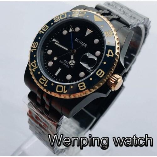 40mm Bliger New Mens Top Luxury Mechanical Watch Black PVD Case Sapphire Glass Ceramic Bezel Mens Automatic Watch