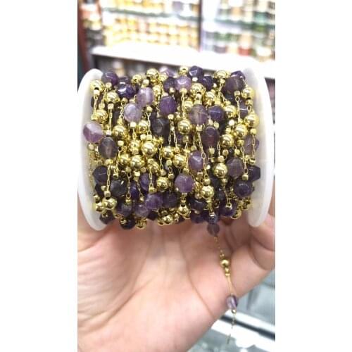 3M/packs Copper semiprecious stone jewelry making chain, amyst stone gold plated flat gems beads connector findings