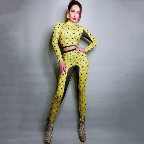 Nightclub Sexy Fashion Sports Stretch Printing 2pcs Long Sleeve Party Clothing Club Clothes Bar DJ Stage Dnace Costume DJ541