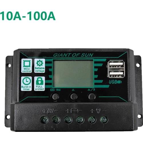 MPPT/PWM 2-in-1 Solar Charge Controller 12V 24V Solar Panel Battery Regulator 2USB Port LCD Display 10A 20A 30A 40A 50A 60A 100A