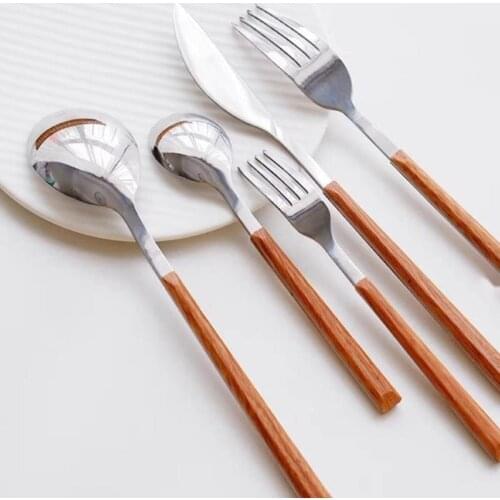Korea Imitation Wooden Handle Stainless Cutlery Dessert Spoon Ice Cream Steak Knife Spaghetti Fork