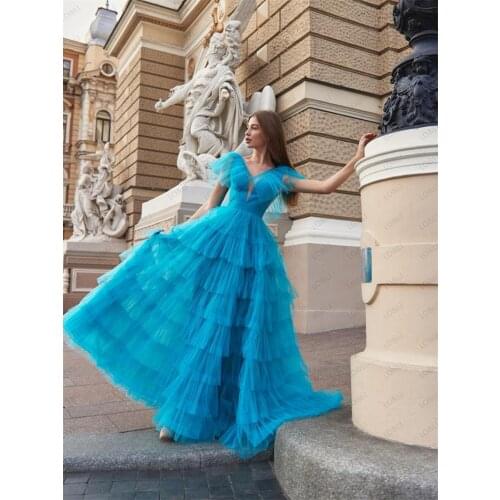 LO&LI Princess Prom Gowns High Low Tiered Puff Tulle Long Evening Dress Deep V Neck Prom Party Dresses Custom Made