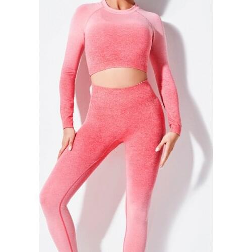 Yoga Suit Long Sleeve Suit Womens Seamless Gradient Color High Waist Hip Running Fitness Leggings Sports Clothing Tracksuits