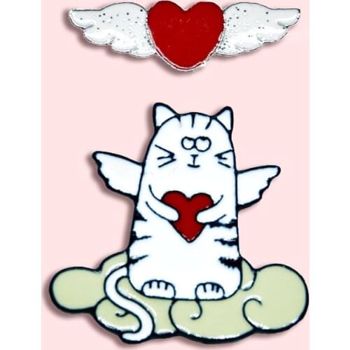 Wings Love Badge Cute Cartoon Cat Angel Metal Enamel Brooch Creative Trendy Lapel Backpack Jewelry Gift For Kids