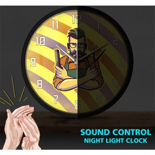 Barber Shop Striped Pole Red White Blue Sound Activated Wall Clock Hairdresser Night Light Lamp Hair Salon Business Led Watch