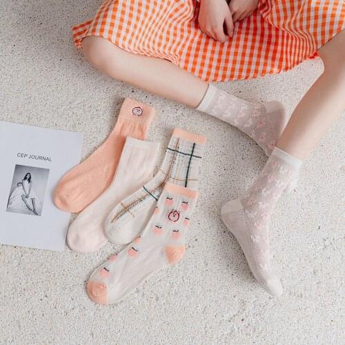1 Pair New Summer Mesh Middle Tube Socks Women Casual Cute Fruit Peach Striped Breathable Socks Girls Cute Sweet Fashion Socks
