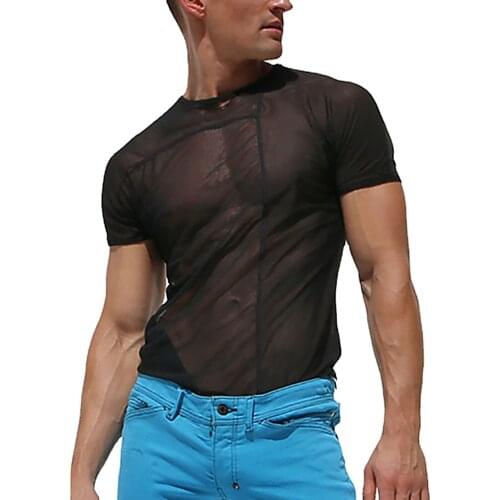Newest Arrival Men Summer Mesh Tops Cover-Ups Solid Color Round Neck Short Sleeve Pullover See-Through Blouse for Summer