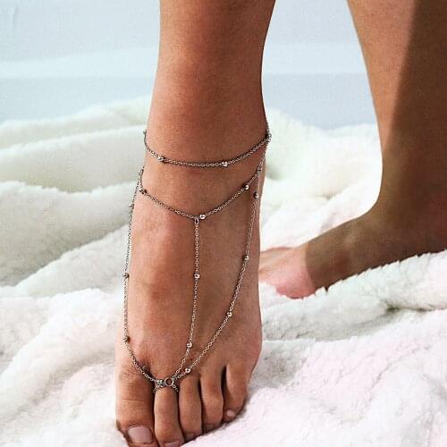 Retro Boho Fashion Multilayer Tassel Chain Toe Ring Anklets Trendy Simple Round Beads Anklet Summer Beach Foot Jewelry For Women