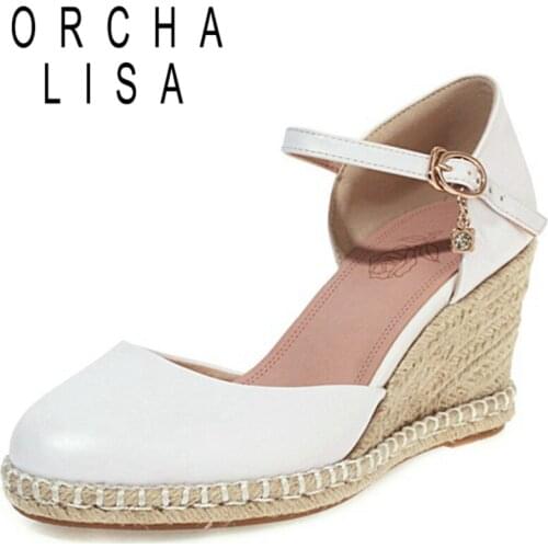 ORCHA LISA 2021 Crystal Mary Janes Pumps Cover Heel Ankle Buckle Strap Rattan Wedges Round Toe 7.5cm Size 30-44 Green A4168