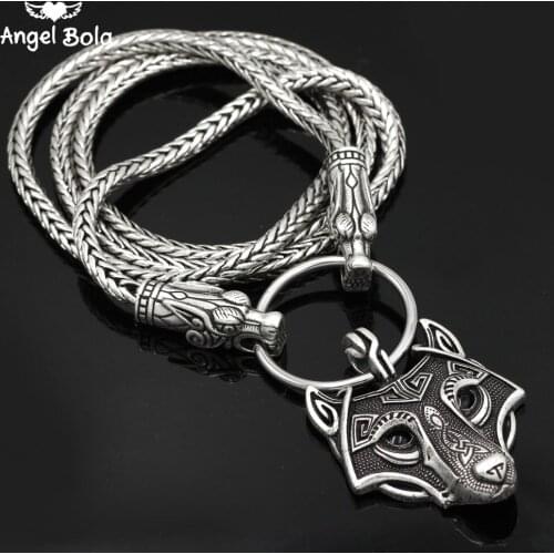 Drop Shipping Viking Wolf Head with Thors Hammer Mjolnir Scandinavian Bear Paw Wolf Pendant NECKLACE with Stainless Steel Chain