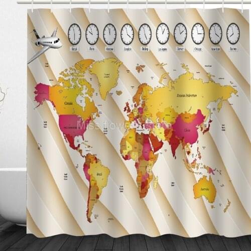 Airplane Clock World Map Design Custom Shower Curtain Bathroom Waterproof Mildewproof Polyester Fabric With 12 Hooks