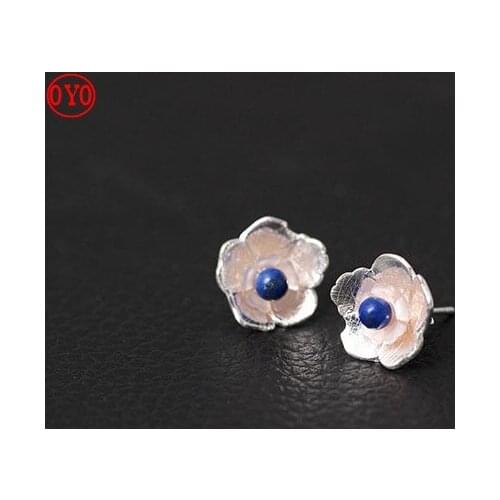 New style 925 silver handmade personality literary flower earrings female simple fashion shell lapis lazuli dual-use earrings