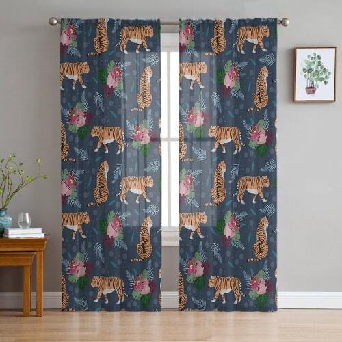 Animal Tiger Flowers Plants Tulle Sheer Window Curtains for Living Room Kitchen Children Bedroom Voile Hanging Curtain