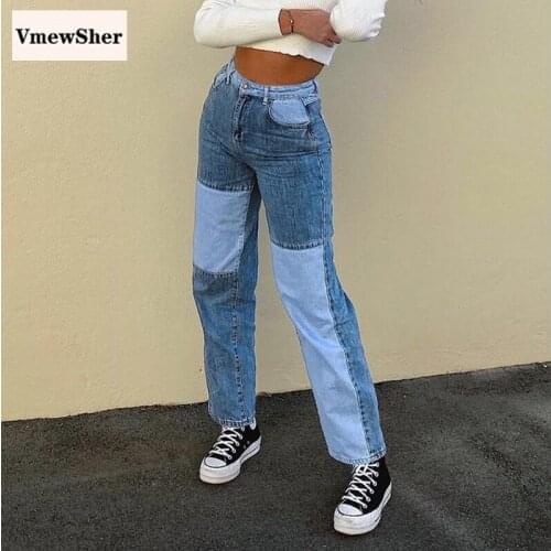 VmewSher New Patchwork Straight Womens Jeans Baggy Vintage High Waist Boyfriends Denim Pants Stylish Streetwear 2020 Female