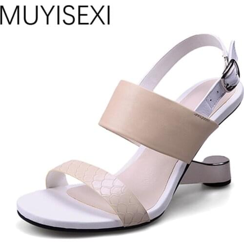 Women Sandals 2018 Genuine Leather Open Toe 9cm Strange Fretwork High Heel Summer Wedge Sandals HL61 MUYISEXI