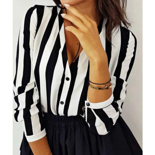 Women Long Sleeve V-neck Loose Striped Tops Ladies Casual Button Blouse