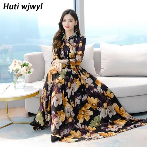 Spring Autumn Vintage Maxi Dresses 4XL Plus Size Floral Chiffon Boho Beach Dress 2021 Women Black Casual Party Bodycon Vestidos
