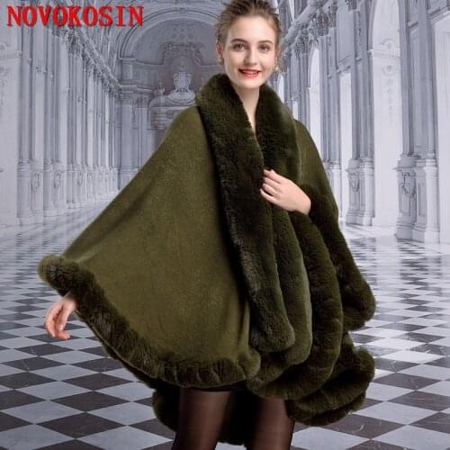 2021 Women Green Winter Back Long Cloak Big Faux Rabbit Fur Collar Out Street Wear Poncho Plus Size Pendulum Black Thicken Coat