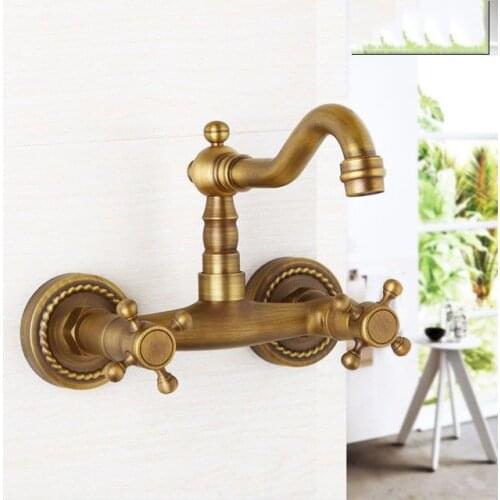 Antique Brass Double Handle Kitchen Faucet Wall Mounted 360 Degree Rotate Bathroom Kitchen Mixers Hot and Cold Tap ZD516