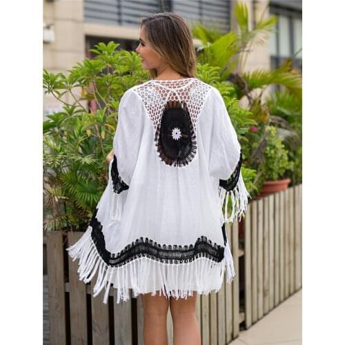 Black Crochet Beach Cover Up for Women White Tassel Beachwear Ladies Party Dress 2020 Summer Bathing Suit Swim Cardigan Tunics