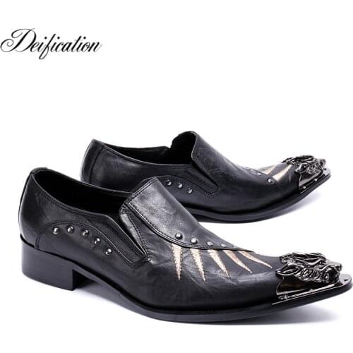 Black Metal Decor Men Genuine Leather Oxfords Slip On Embroidery Mens Wedding Dress Shoes Pointy Toe Business Leather Shoe Flats