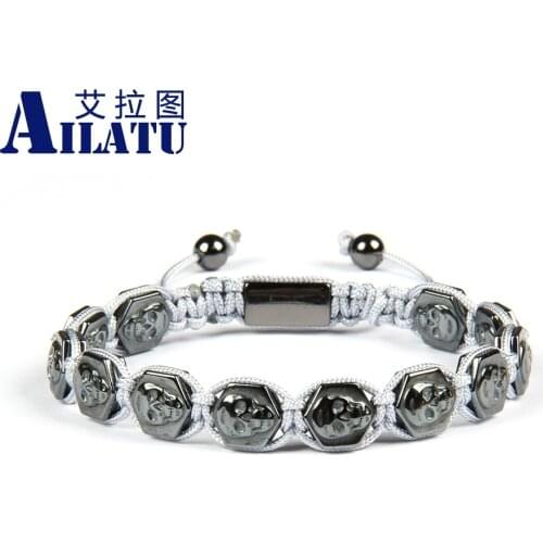 Men Skull Bracelet Size 10mm Hexagon Hematite Stone Skeleton Macrame Jewelry Gold Color Plated Back Logo Beads