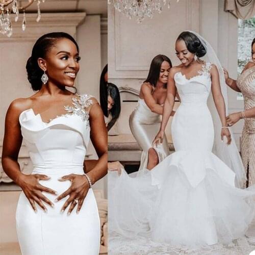 Elegant Satin Mermaid Wedding Dress Beading One Shoulder Bridal Gowns robes de mariée Tiered Skirts Bride Dresses 2023