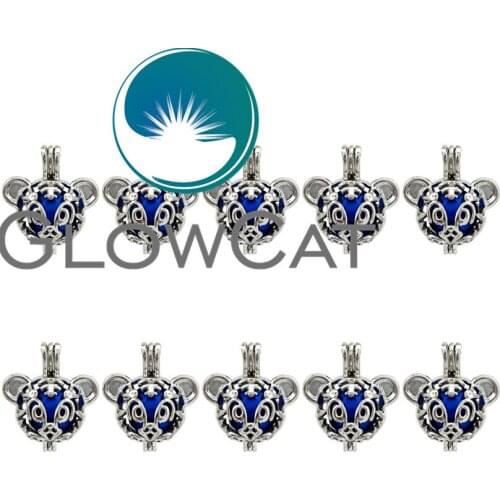 GLOWCAT 10x K684 Cute Animal Tiger Beads Cage Pendant Essential Oil Diffuser Pearl Cage Locket Pendant Jewelry Making