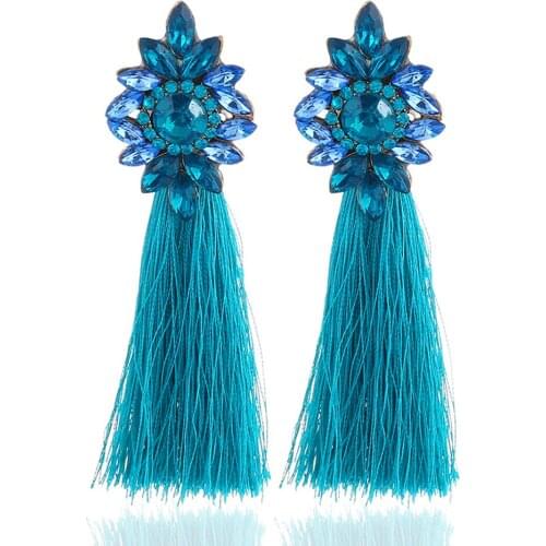 Custom Design Fashion Crystal Bohemian Tassel Earrings Silk Fabric Long Fringe Drop Dangle Earrings For Women
