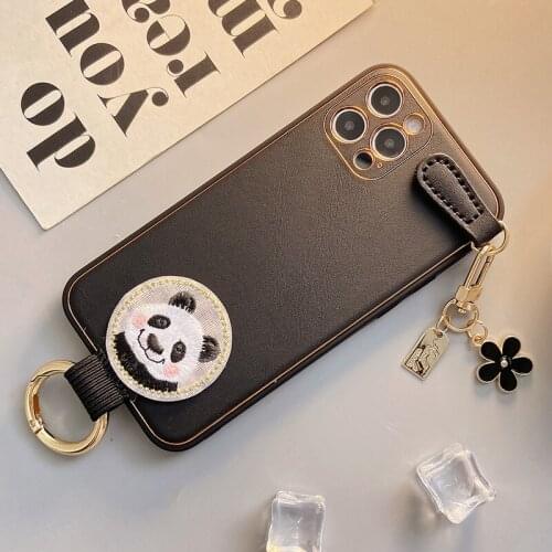 For Iphone 11 12mini Classic Embroidered Panda Leather Case for Iphone 11 Pro Cases Birthday Present for Iphone X XS XR Cover