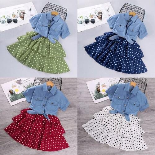 2021 Summer Teen Girls Clothes Fashion Short Sleeve Denim Tops + Polka Dots Layered Chiffon Dress 2Pcs/set Kids Party Outfits