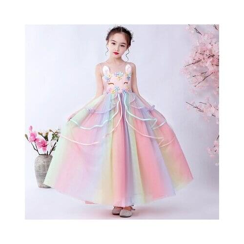 New net yarn children girl baby dress cartoon unicorn summer childrens mesh gauze rainbow fluffy princess dress