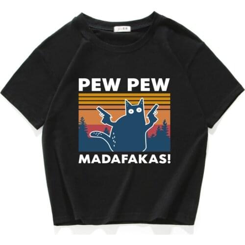 Pew Pew Madafakas cat graphic funny crop top casual cotton short T Shirt Women Camisetas Verano Mujer women clothes harajuku new