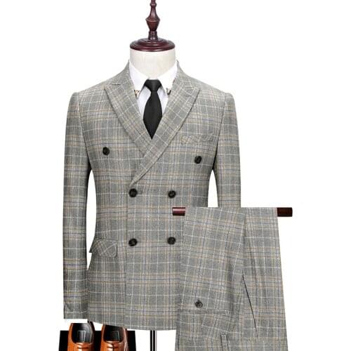 [Jacket+Vest+Pants]Luxury fashion double-breasted plaid mens business casual blue suit 3-piece suit groom wedding tuxedo