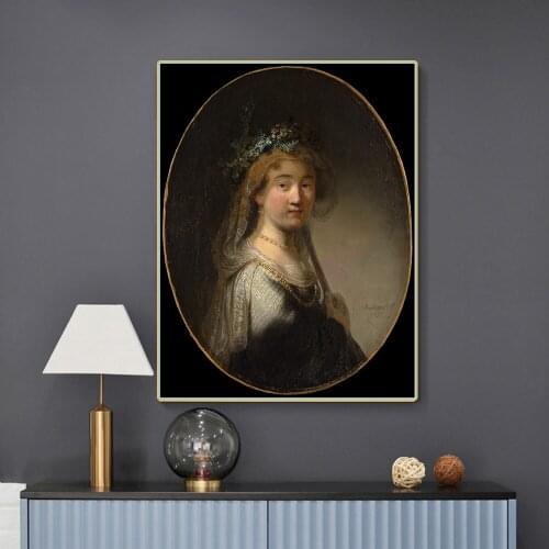 Citon Canvas Rembrandt《Portrait of Saskia as Flora》Art Oil painting Artwork Poster Picture Modern Wall decor Home Decoration