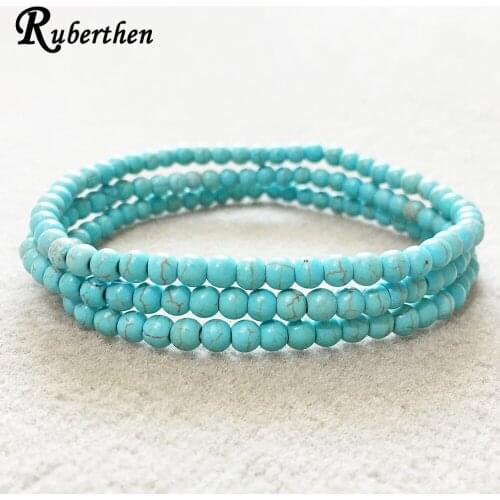 Ruberthen On Sale 4 mm Blue Tuquoise Bracelet Set Mini Gem Stone Energy Bracelet Trendy Women`s Yoga Bracelet Gift