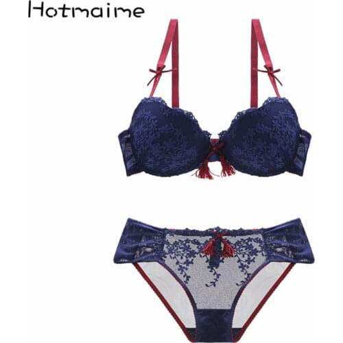 Sexy tassel bra push up deep V-neck small push up lace female underwear bra set plus size embroidery bra and panties