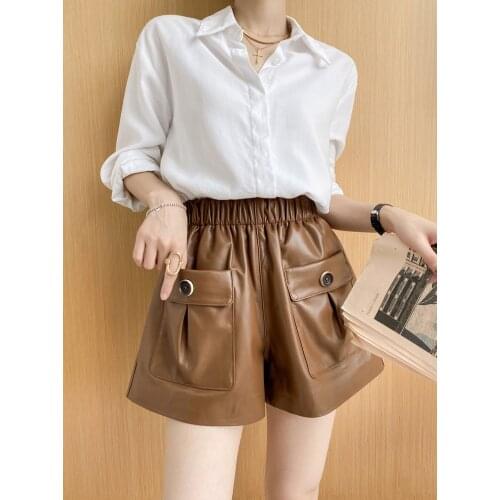 2021SS Spring High Quality Women Casual Sheepskin Genuine Leather Fashion Shorts Pants 2 Color Plus Size