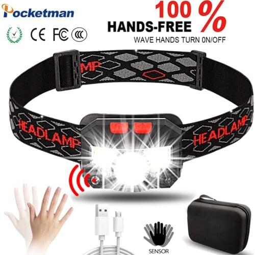 50000LM Powerful LED Headlight Sensor Head Lamp USB Rechargeable Headlamp Head Torch Waterproof for Camping Hiking With Battery