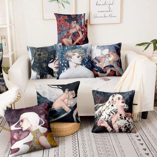 Oriental Aesthetics Watercolor Painting Print Pillowcase Cushion Decorative Pillow Home Pillow Decoration Sofa Throw Pillows