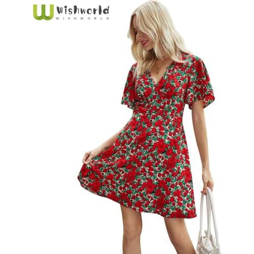 Wishworld Summer New Safflower Sexy V-neck Short Sleeve Dress Fashion Women Casual Sundress Party Club MIDI Dress