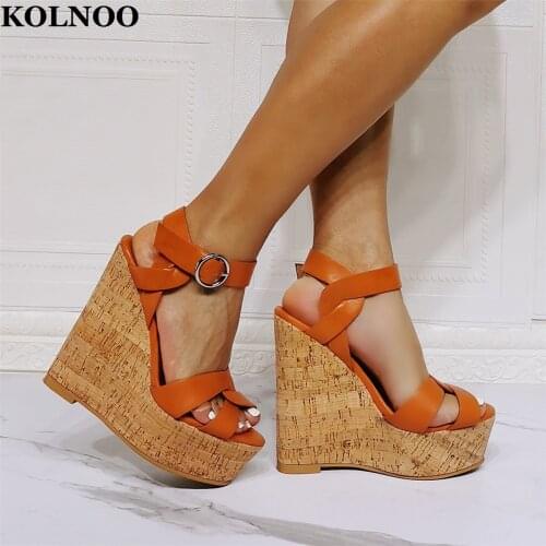 KOLNOO Handmade Real Photos Ladies Wadges Heeled Sandals Buckle Strap Peep-Toe Sexy Summer Party Prom Fashion Evening Club Shoes