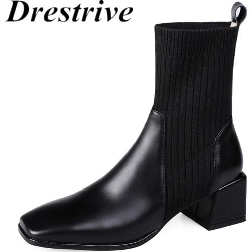 Drestrive Patchwork Cow Leather Square Toe 2021 Winter Shoes Kniting Classics Women Ankle Boots Black Elasticity Thick Mid Heels