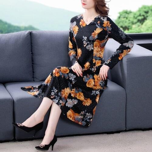 2021 Spring Yellow Floral Casual Midi Dresses Vintage Print 4XL Plus Size Long Sleeve Dress Women Elegant Bodycon Party Vestidos