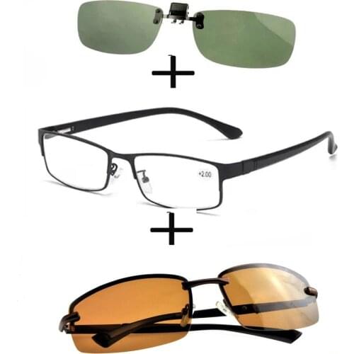 3Pcs!!! Rectangular Metal Business Reading Glasses Men Women + Polarized Sunglasses Sports Driving Fishing + Sunglasses Clip