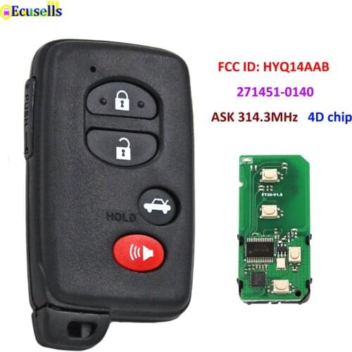 4 Buttons Smart Proximity Key Remote Card ASK 314.3MHz 4D Chip for Toyota Avalon Camry 2006-2010 FCC ID: HYQ14AAB 271451-0140