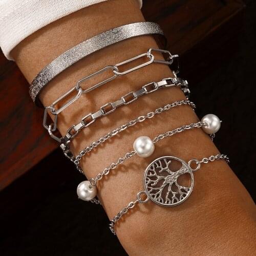 HI MAN 6Pcs/Set Mixed Geometric Hollow Tree Of Life Galaxy Pearl Adjustable Bracelet Women Vintage Jewelry Accessories