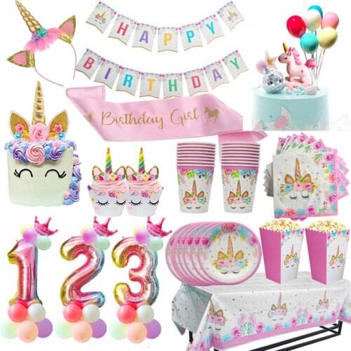 Unicorn Birthday Party Decors Disposable Tableware Kit Unicorn Balloons Unicornio Decoration Baby Shower Girl 1 2 Birthday Party