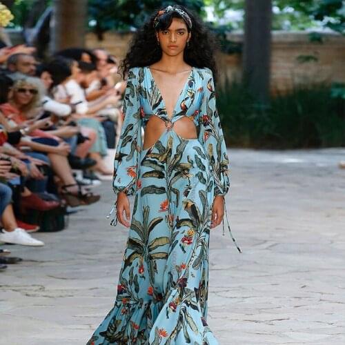 Elegant Floral Print Bikini Cover-ups Sexy Cross Open Back Long Sleeve Summer Dress Women Beach Wear Swim Suit Cover Up